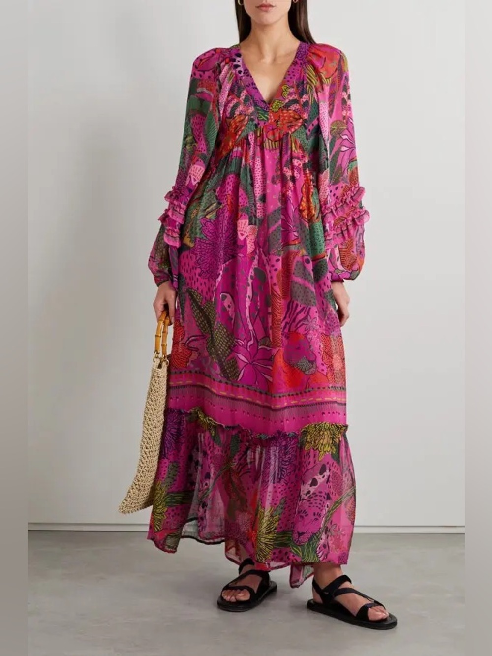 Farm Rio Cool Leopards Open Back Ruffled Georgette Maxi Dress Size Medium Pink - Picture 2 of 13